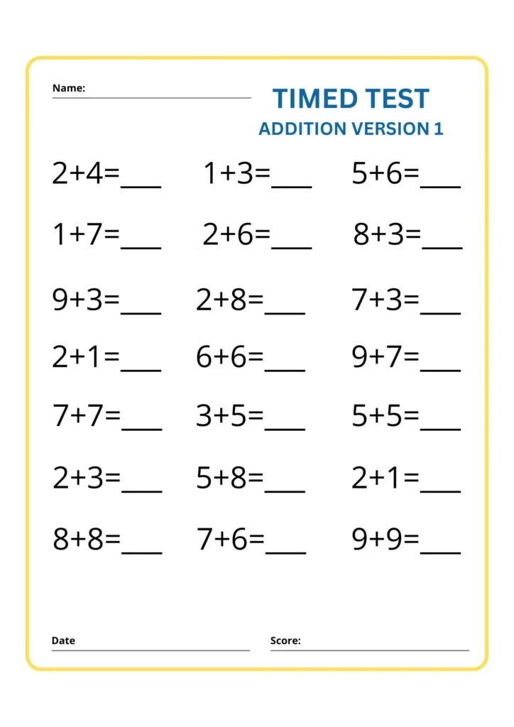 Addition Timed Test Math Worksheet