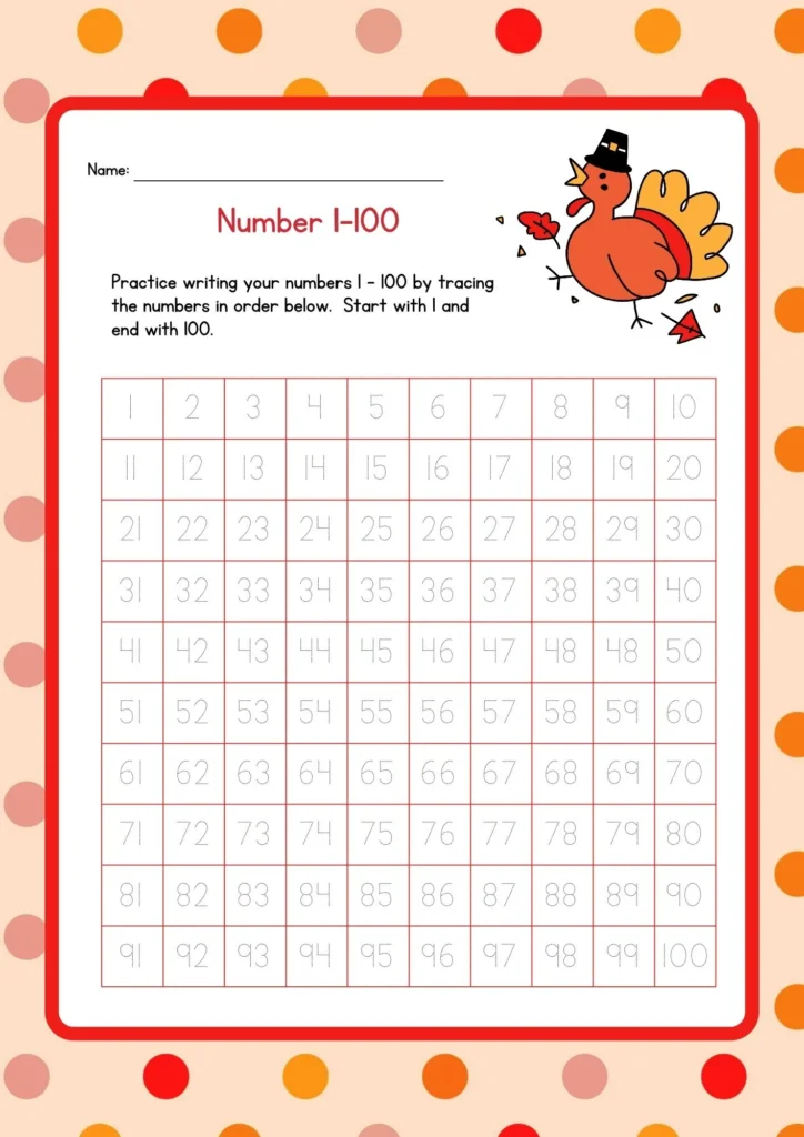 Numbers 1-100 Tracing Worksheet