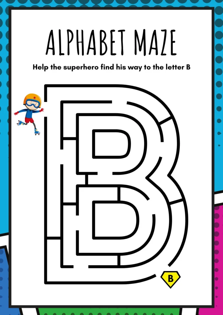 Superhero Uppercase Alphabet Maze Puzzle in Colorful Comic Style 2