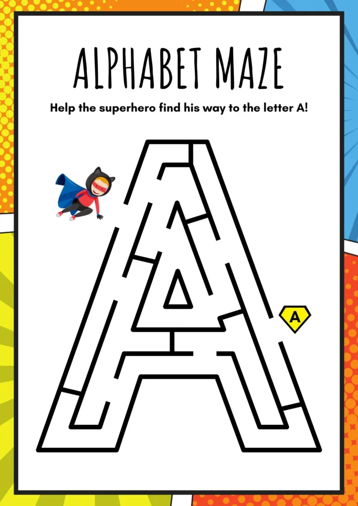 Superhero Uppercase Alphabet Maze Puzzle in Colorful Comic Style